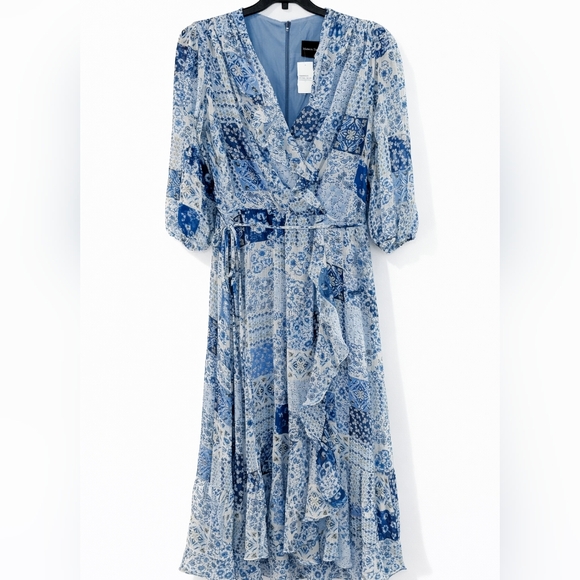 Maison Tara Blue Patchwork Floral Midi Dress Size 12 Cottagecore Wrap Boho - Picture 2 of 10